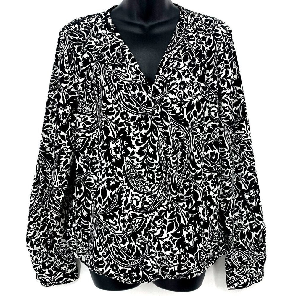 Ralph Lauren Women Top Blouse Size Large Black White Paisley Long Sleeve V Neck